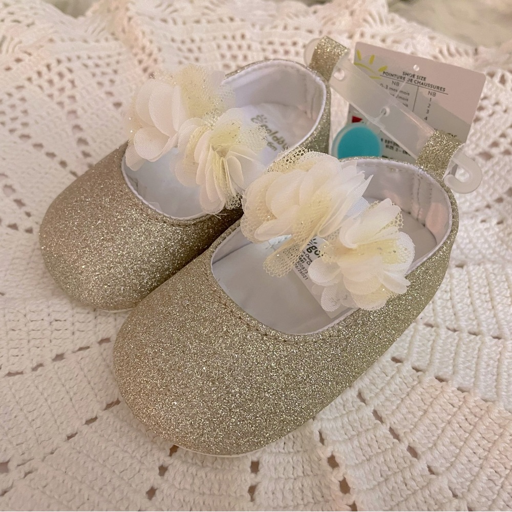 Lovely Baby Girl Shoes, Shimmering Gold with Floral Details, size 3-6 months